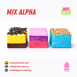 Mix Alpha dari Just Fluff dengan tiga varian: chocobanana rizz, skibidi berryberry, dan bubblegum mewing
