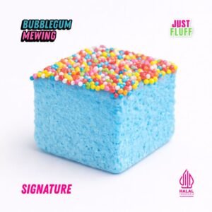 Marshmallow Signature One Cube Justfluff #1 Halal dengan pilihan rasa meliputi Candy Blossom, Choco Banana Rizz, Rainbow Bubblegum, Matchaoreo, Strawberry, Choco Vanilla, Choco Durian.