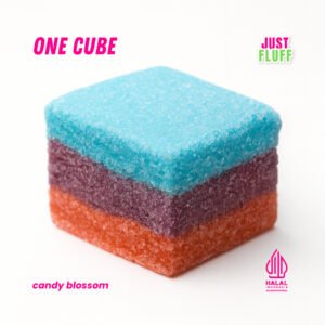 Marshmallow Signature One Cube Justfluff #1 Halal dengan pilihan rasa meliputi Candy Blossom, Choco Banana Rizz, Rainbow Bubblegum, Matchaoreo, Strawberry, Choco Vanilla, Choco Durian.